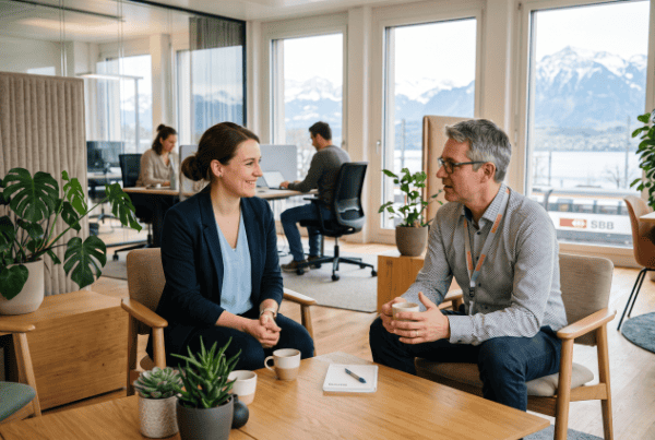 Zwei Kollegen im Gespräch in modernem Büro mit Bergblick