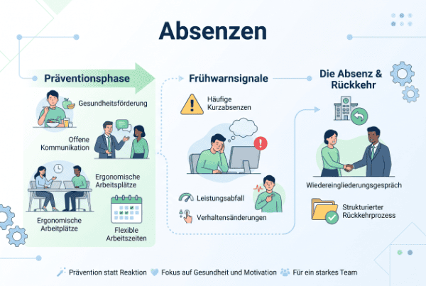 Infografik zum Absenzenmanagement mit Prävention, Warnsignalen und Rückkehr