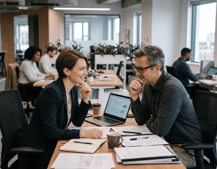 Mitarbeitende im Gespräch am Arbeitsplatz