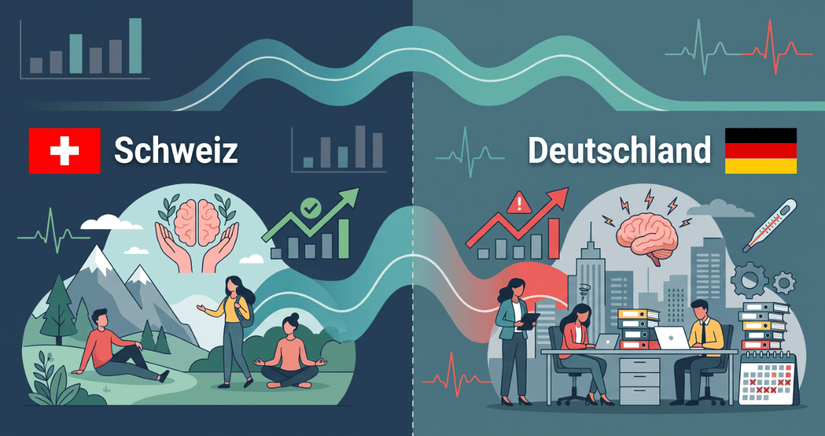Illustration vergleicht Schweiz mit Wohlbefinden und Deutschland mit Arbeitsstress